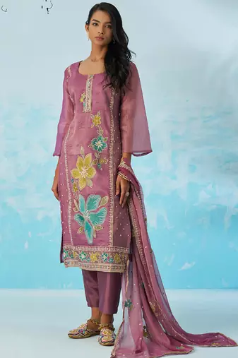 Lavender organza embroidered party wear suit