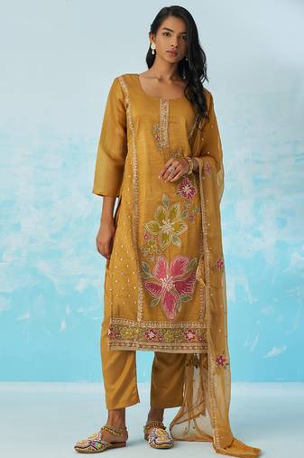 Mustard organza embroidered party wear suit
