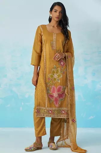 Mustard organza embroidered party wear suit