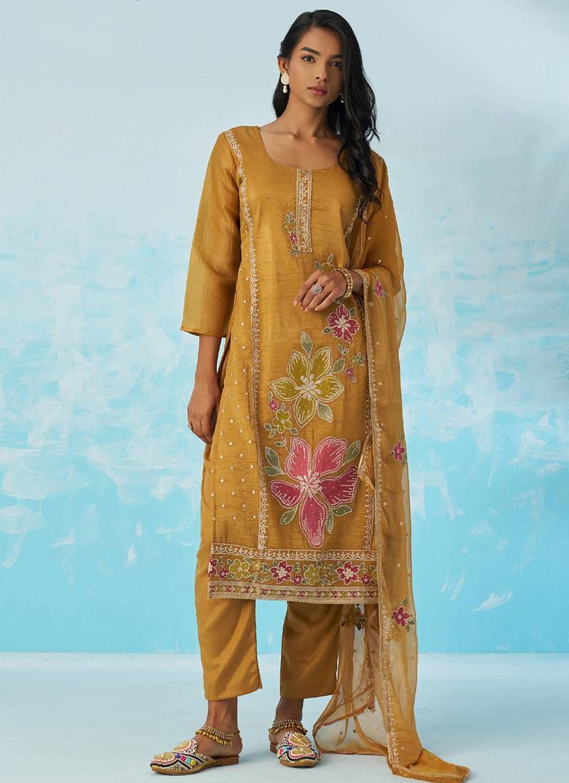 Mustard organza embroidered party wear suit