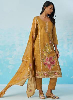 Mustard organza embroidered party wear suit 2