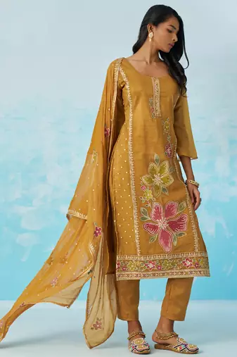 Mustard organza embroidered party wear suit