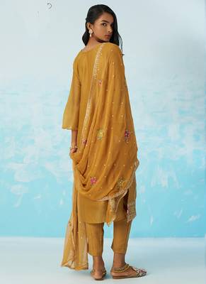 Mustard organza embroidered party wear suit 3