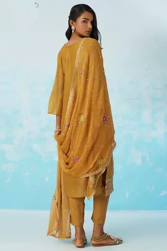 Mustard organza embroidered party wear suit