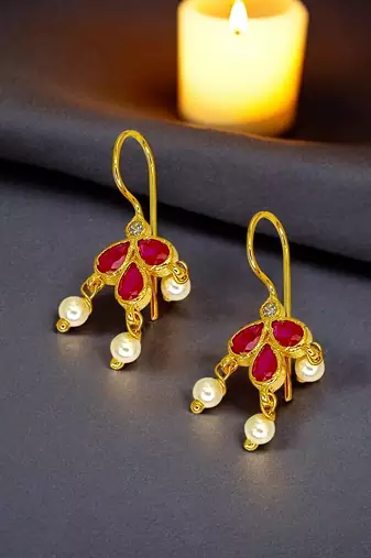 Gold plated pink stone maharashtrian bugadi earrings