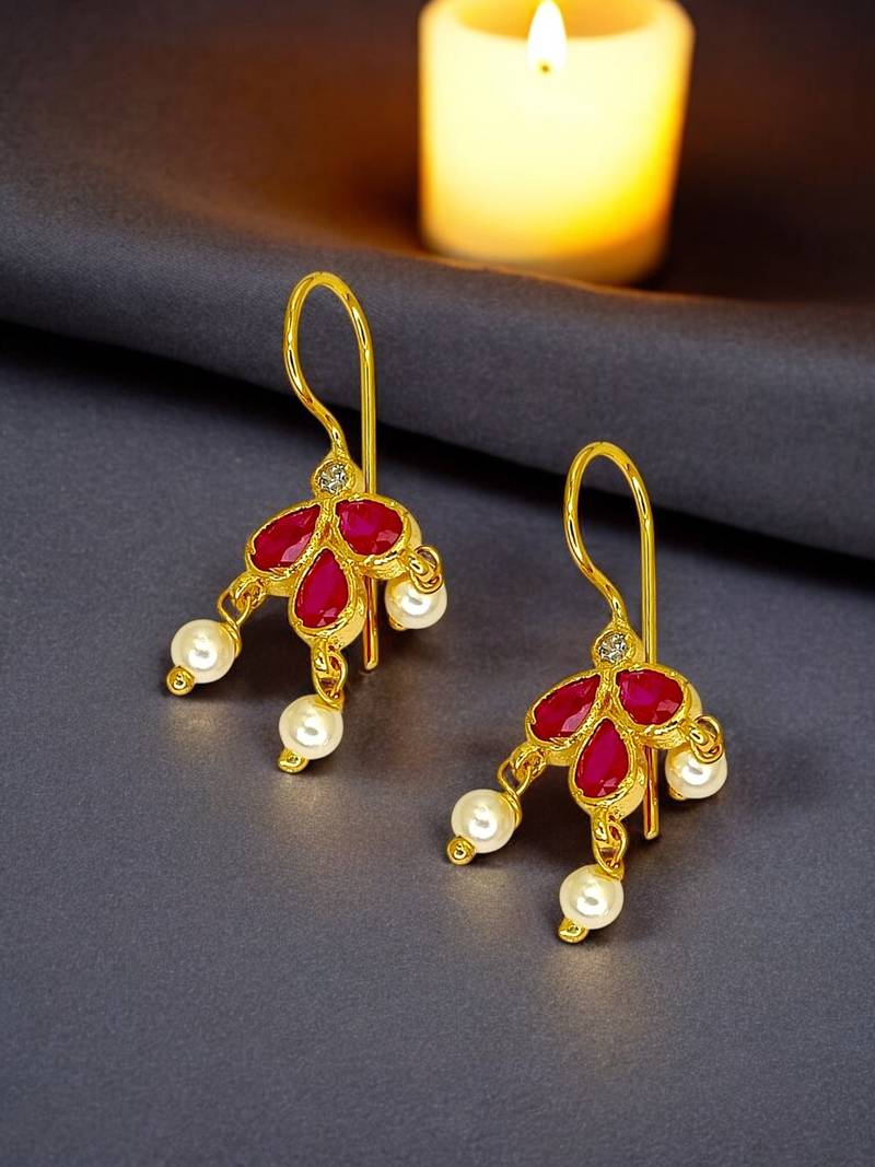 Gold plated pink stone maharashtrian bugadi earrings