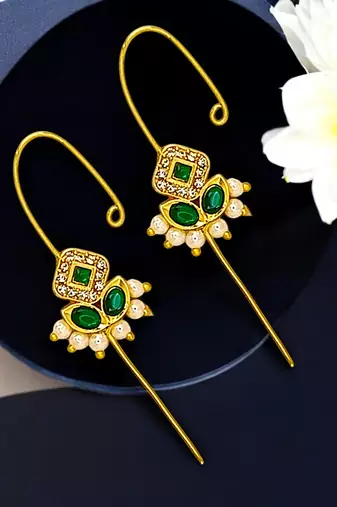 Gold plated green stone needle ear cuff earrings