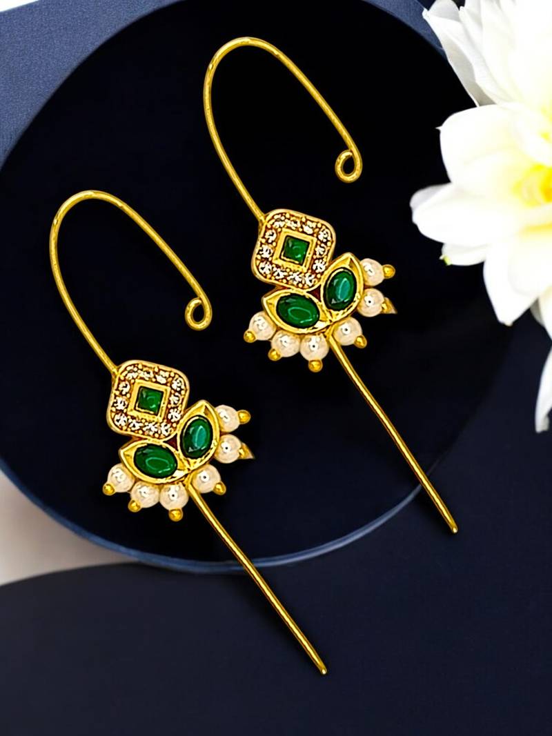 Gold plated green stone needle ear cuff earrings