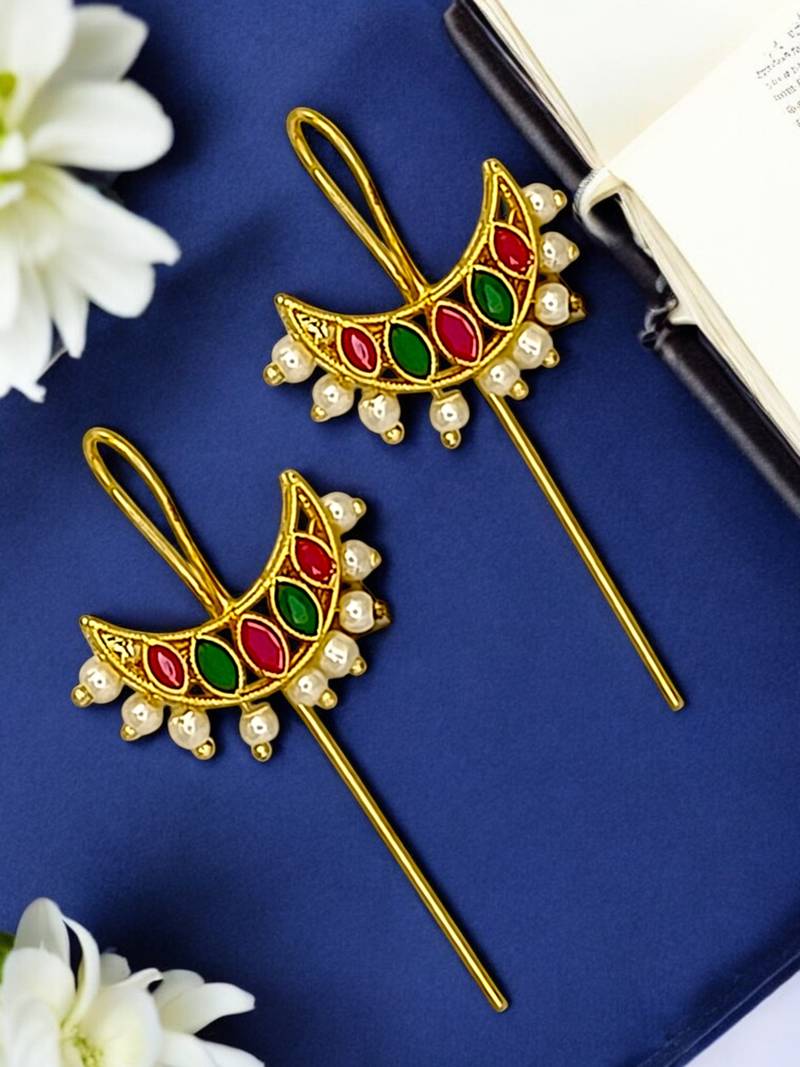 Gold plated half moon needle ear cuff earrings