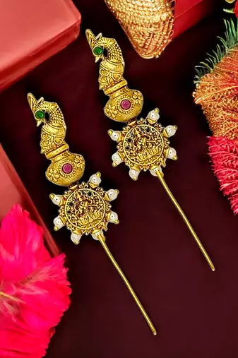 Gold plated peacock temple design needle ear cuff earrings