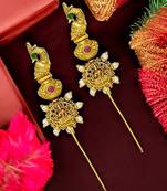 Gold plated peacock temple design needle ear cuff earrings