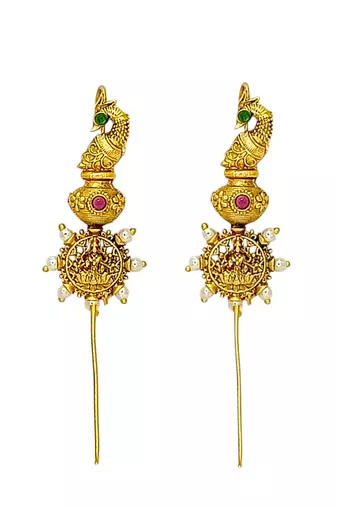 Gold plated peacock temple design needle ear cuff earrings