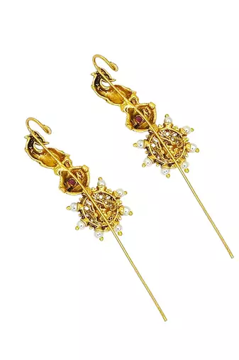 Gold plated peacock temple design needle ear cuff earrings