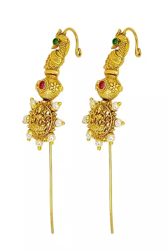 Gold plated peacock temple design needle ear cuff earrings