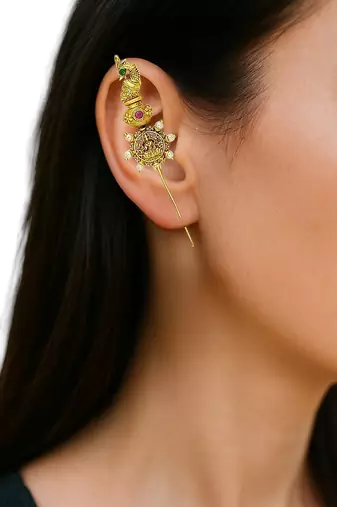 Gold plated peacock temple design needle ear cuff earrings