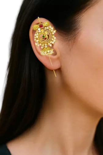 Gold plated peacock design needle ear cuff earrings