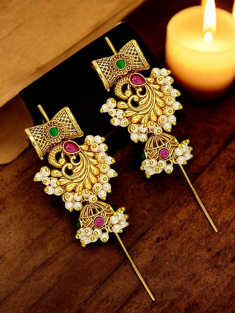 Gold plated peacock design needle earcuff earrings