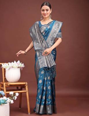 teal blue woven banarasi art silk blend saree with blouse 1