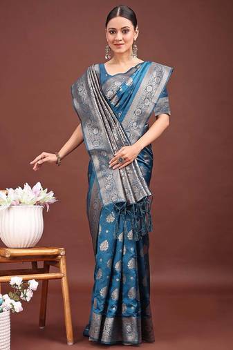 teal blue color woven banarasi art silk saree with blouse