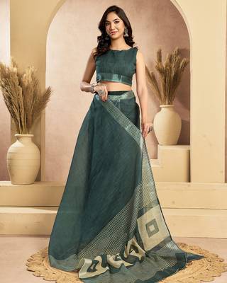 Digital printed linen ready to wear pocket saree with unstitched blouse 6