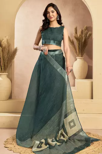 Digital printed linen ready to wear pocket saree with unstitched blouse