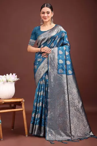 teal blue color woven banarasi art silk blend saree with blouse