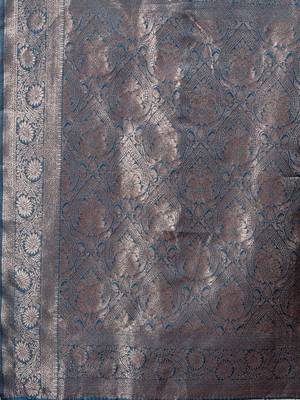 teal blue woven banarasi art silk blend saree with blouse 4