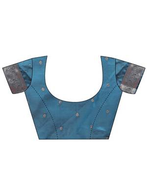 teal blue woven banarasi art silk blend saree with blouse 5