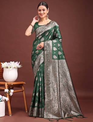 dark green color woven banarasi art silk blend saree with blouse 2
