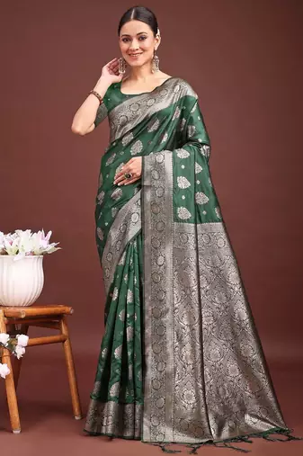 dark green color woven banarasi art silk blend saree with blouse