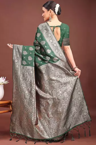 dark green color woven banarasi art silk blend saree with blouse