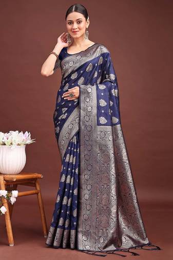 navy blue color woven banarasi art silk saree with blouse