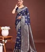 navy blue color woven banarasi art silk saree with blouse