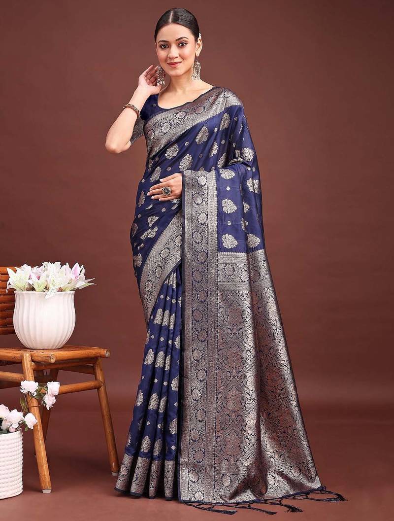 navy blue color woven banarasi art silk saree with blouse