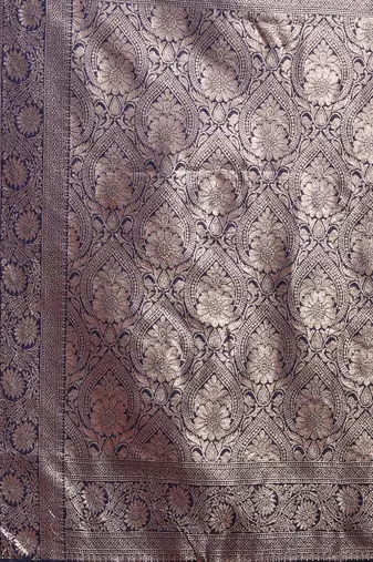 navy blue color woven banarasi art silk blend saree with blouse