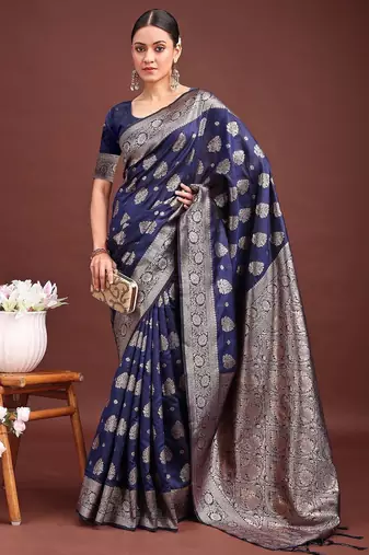 navy blue color woven banarasi art silk blend saree with blouse