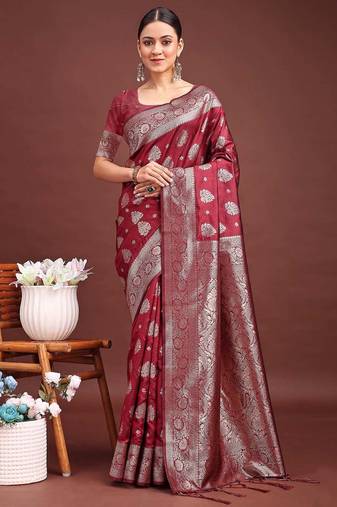 maroon color woven banarasi art silk saree with blouse
