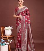 maroon color woven banarasi art silk saree with blouse