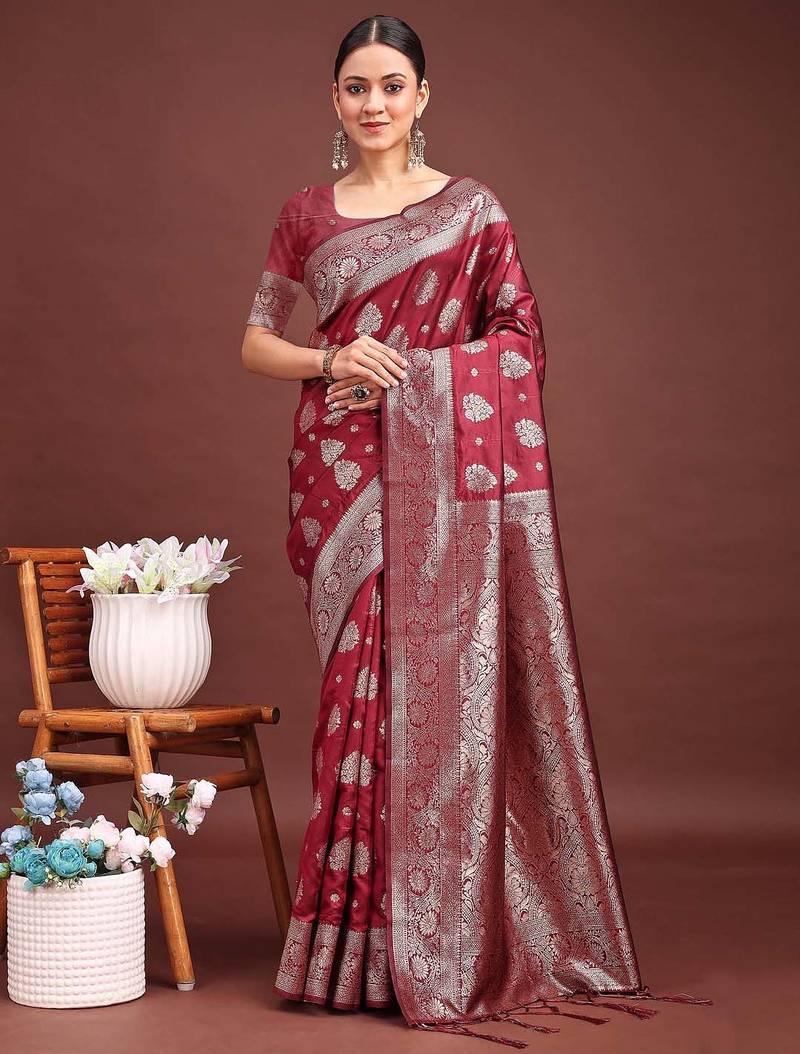 maroon color woven banarasi art silk saree with blouse