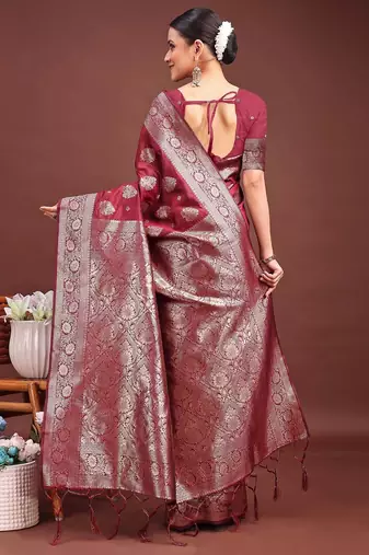 maroon color woven banarasi art silk blend saree with blouse