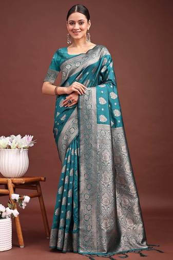 sea green color woven banarasi art silk saree with blouse