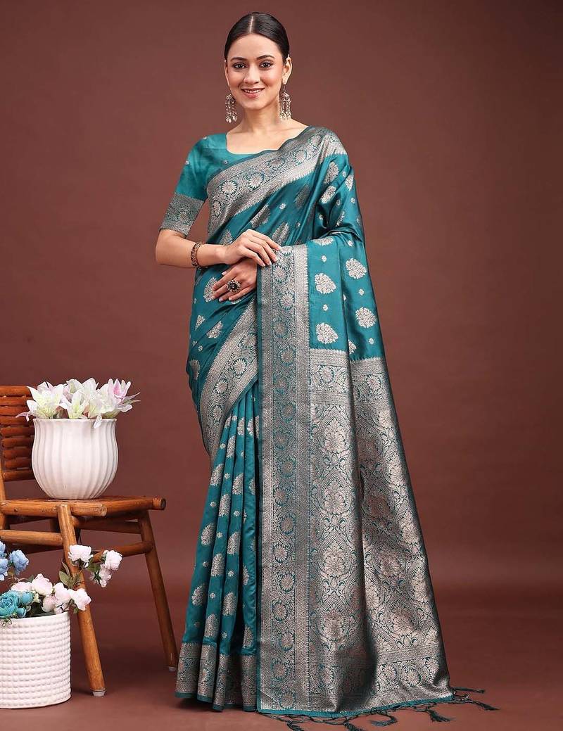 sea green color woven banarasi art silk saree with blouse