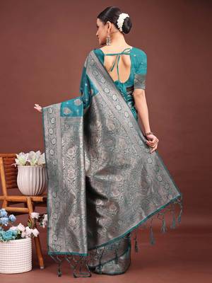 sea green color woven banarasi art silk blend saree with blouse 2