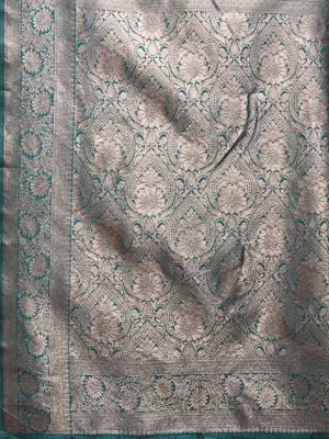 sea green color woven banarasi art silk blend saree with blouse 3