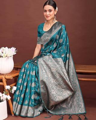 sea green color woven banarasi art silk blend saree with blouse 5