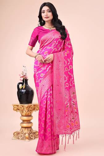 pink color woven banarasi art silk saree with blouse