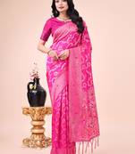 pink color woven banarasi art silk saree with blouse