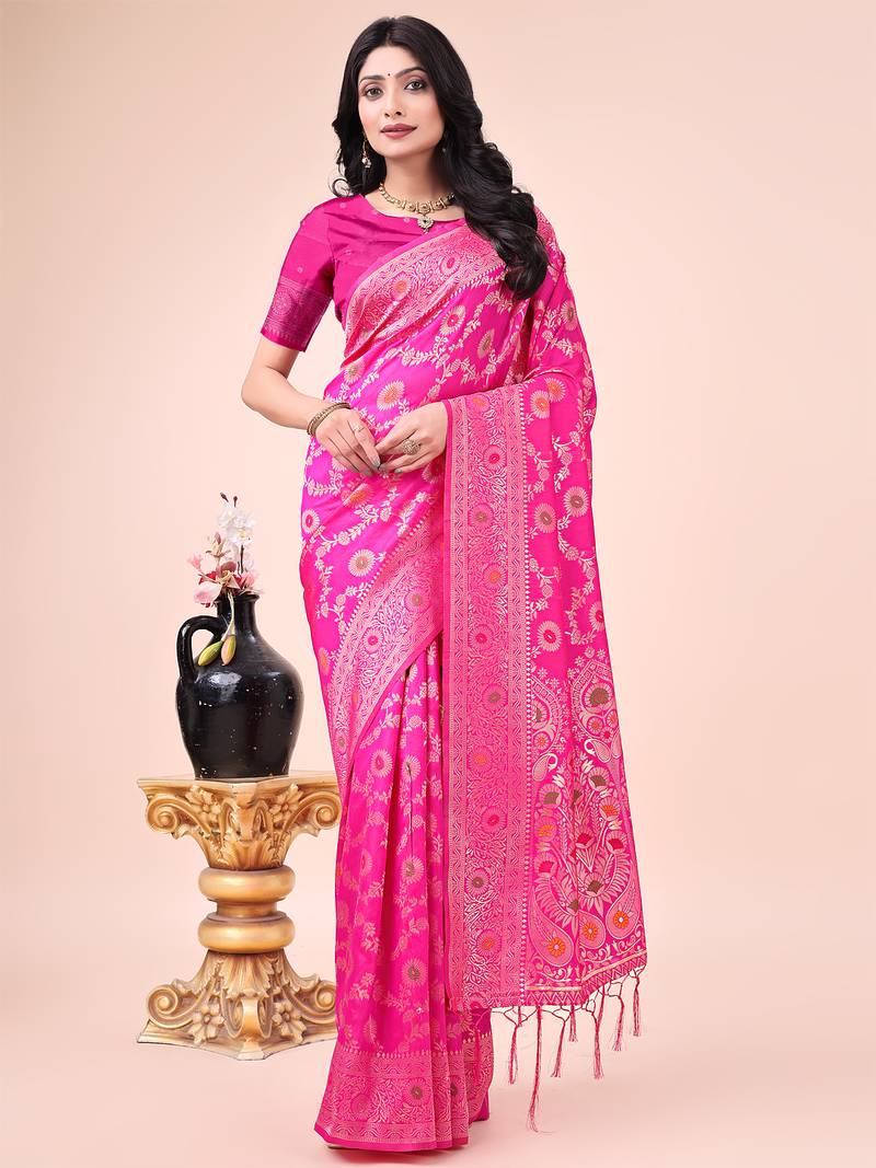 pink color woven banarasi art silk saree with blouse