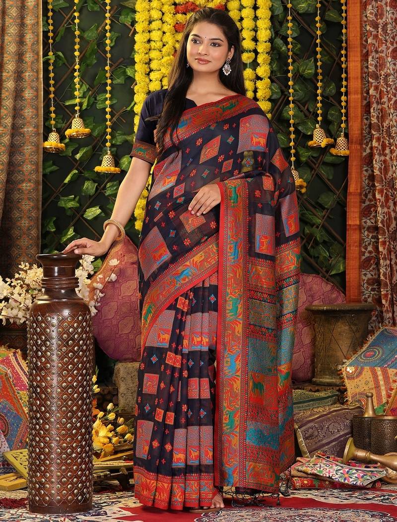 navy blue color woven  embroidered work linene cotton saree