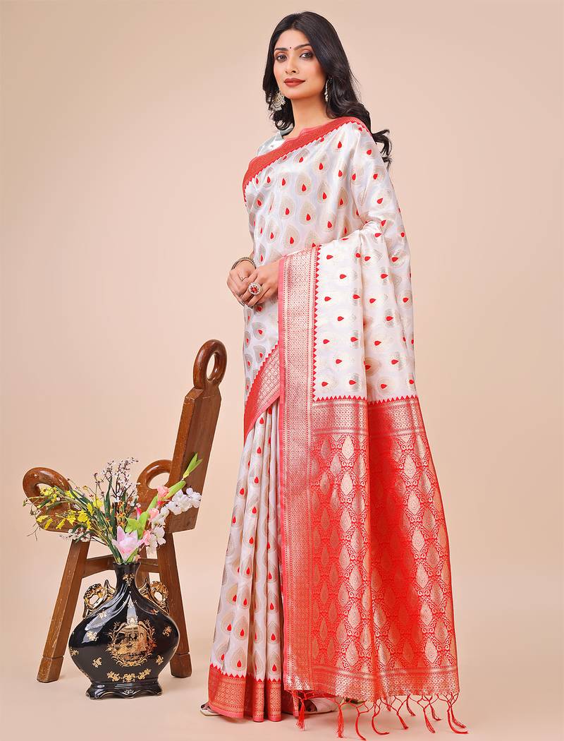 white color woven banarasi art silk saree with blouse